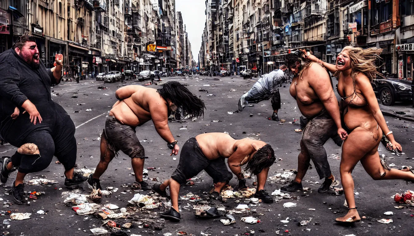 Prompt: in a dirty city street disheveled male and female supermodels fight, sweating laughing obese men in cheap suits, over piles half eaten rotting fast food, money thrown and floats in the air, hyper realistic photo, full colour, upscale, 8 k, masterpiece,