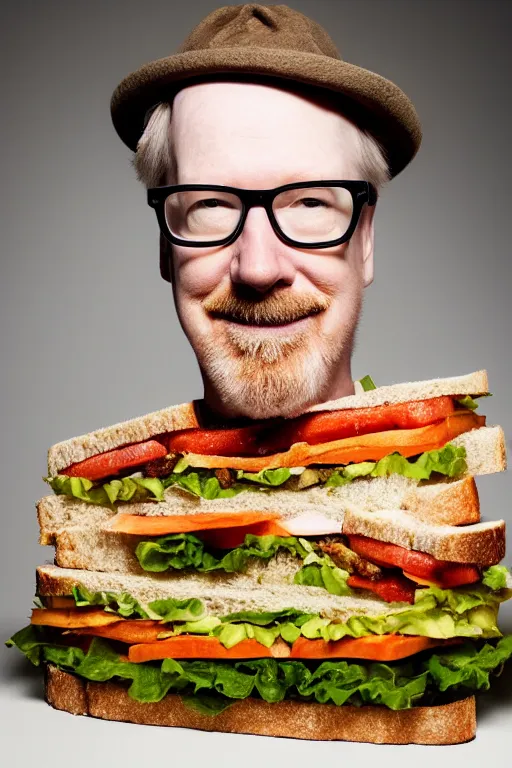 Image similar to 📷 portrait of adam savage the sandwich, made of food, still image, dynamic lighting, 4 k