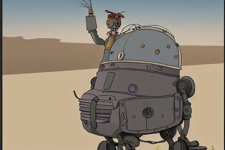 Image similar to a study of a cell shaded cartoon of a grey mechanized punk from howl's moving castle ( 2 0 0 4 ), on a desert road, full body, wide shot, very muted colors, post grunge, studio ghibli, laurie greasley, highly detailed, deviantart, art by artgem