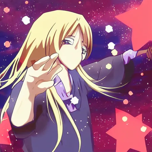 Prompt: anime illustration of stars falling from her fingertips