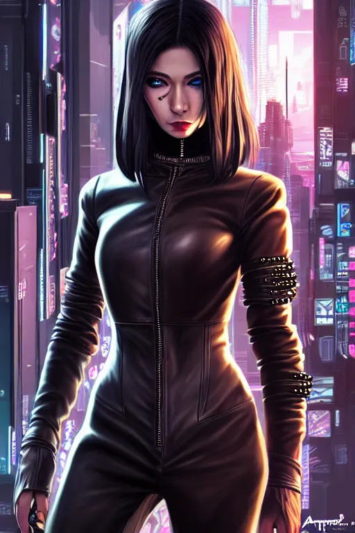 Image similar to hyperdetailed very close portrait of a stunning european woman with grey eyes in a leather suit with a pin in a cyberpunk city inspired by ross tran and wlop and masamune shirow and kuvshinov, concept art, intricate, photorealistic, octane render, rtx, hdr, unreal engine, dnd digital art by artgerm