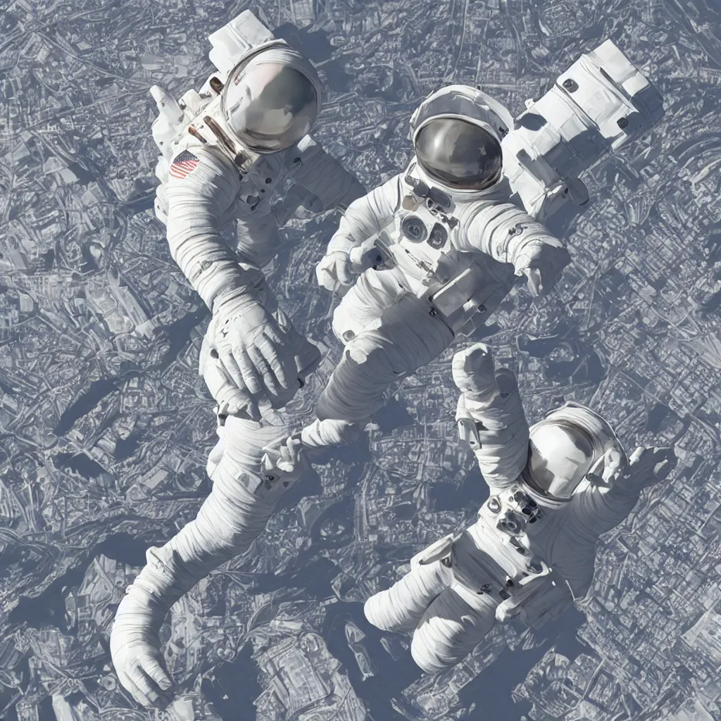 Image similar to illustration of a giant hand placing a life - sized grey plastic sculpture of an astronaut atop a building