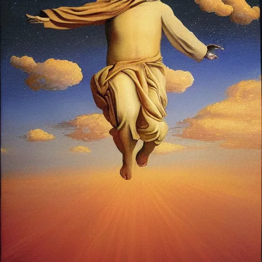 Prompt: very very detailed painting of jesus christ flying through space and time, radiating pure light, painted by rene magritte