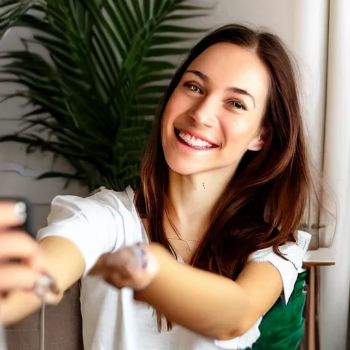 Image similar to Selfie photograph of a cute young woman smiling, long shiny bronze brown hair, full round face, emerald green eyes, medium skin tone, light cute freckles, smiling softly, wearing casual clothing, relaxing on a modern couch, interior lighting, cozy living room background, close-up shot, professional photography