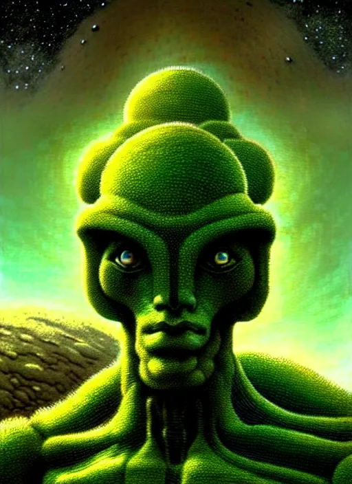 Prompt: portrait giant green humanoid with his fist up, brown armor, background ancient alien landscape, low angle, close up, concept art, intricate details, highly detailed, sci - fi poster, future, sci - fi art, in the style of chris foss, rodger dean, moebius, michael whelan, and gustave dore