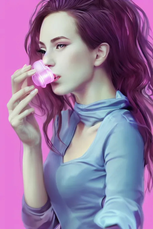 Image similar to Beautiful, Cute Woman Breathing Through a Handheld Pink Vapor Inhaler Machine, side view, fantasy, magic, ultra detailed, digital art, trending on artstation, illustration