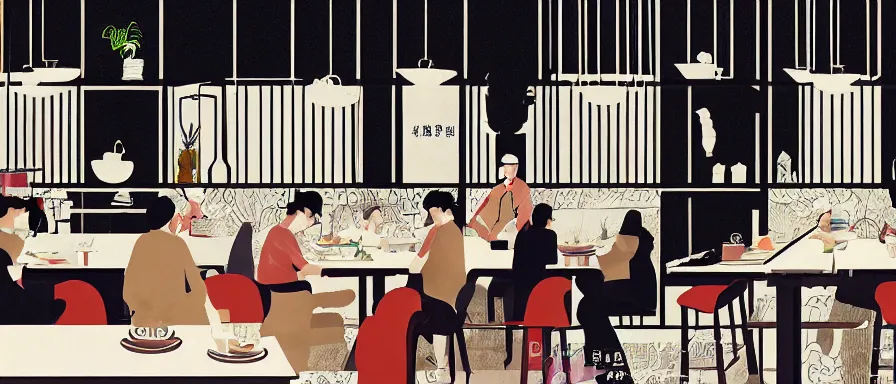 Image similar to a beautiful interior view illustration of a small roasted string hotpot restaurant in yan'an city, wall corner, restaurant wall paper is tower amd mountain, rectangle white porcelain table, people are eating, black chair, animation illustrative style, from china, simple style structure decoration design, victo ngai, james jean, 4 k hd