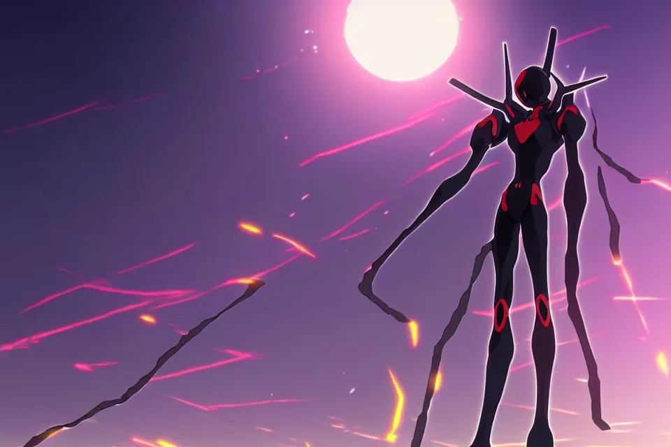 Image similar to anime illustration of black evangelion eva - 0 1 standing on an empty highway wearing a black plugsuit at dawn, cinematic lighting, evangelion anime poster, rebuild of evangelion 1 0 8 0 p, 9 0 s anime aesthetic, volumetric lights, rule of thirds, unreal engine render, pinterest wallpaper, trending on artstation