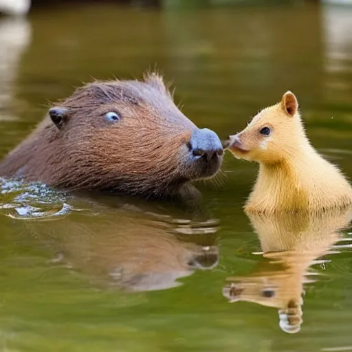 Prompt: capybara baby sitting in a pond, with a duckling on its head