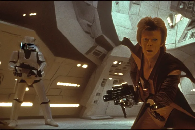 Image similar to scene from star wars 1977, david bowie as ziggy skywalker cuts into the millennium falcon with a lightsaber, amazing cinematography, by phil hale, ilya repin, , ashley wood, 8k, remastered, high resolution, 2.35:1 ratio