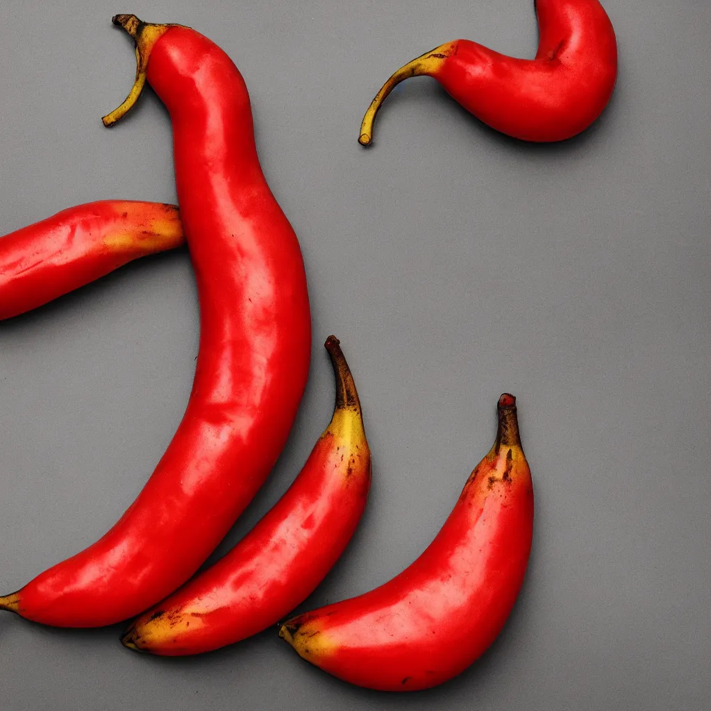 Prompt: fat banana in the shape of red cracked pepper, closeup, hyper real, food photography, high quality