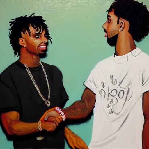 Prompt: painting of Playboi Carti shaking hands with Drake