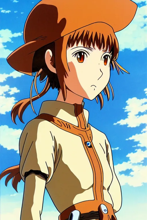 Image similar to anime art full body portrait character nausicaa by hayao miyazaki concept art, anime key visual of elegant young female, brown hair and large eyes, finely detailed perfect face delicate features directed gaze, sunset in a valley, trending on pixiv fanbox, studio ghibli, extremely high quality artwork