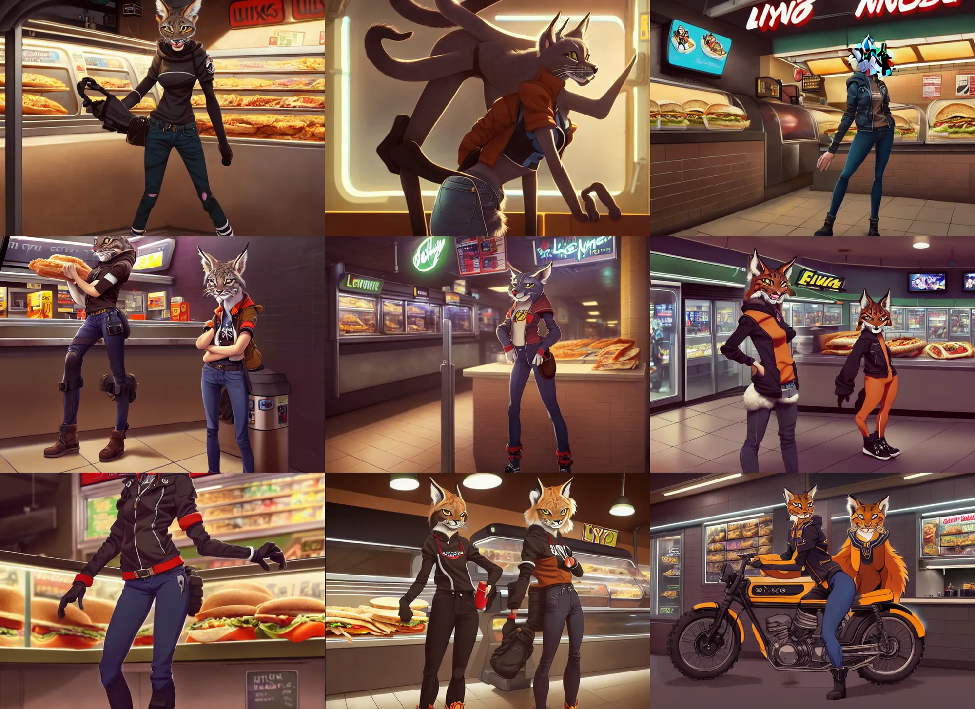 Prompt: wide angle beautiful full body portrait of a strong female anthropomorphic anthro lynx fursona wearing biker clothes at a subway sandwich store. character design by disney, anime, manga, charlie bowater, ross tran, artgerm, and makoto shinkai, detailed, soft lighting, rendered in octane