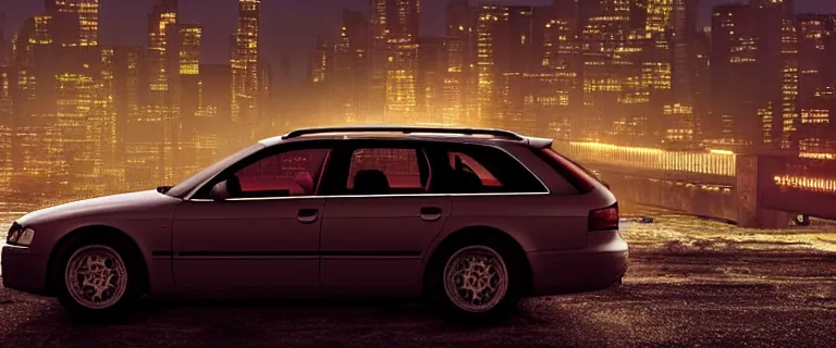 Image similar to Audi A4 B6 Avant (2002) chased by FBI, a gritty neo-noir, dramatic lighting, cinematic, establishing shot, extremely high detail, photorealistic, cinematic lighting, artstation, by simon stalenhag, Max Payne (PC) (2001) winter new york at night, eldritch horror