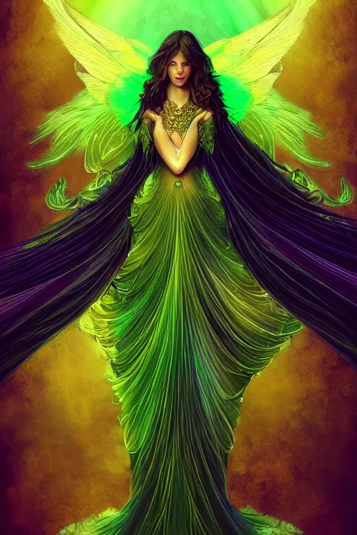 Prompt: a magic the gattering illustration of a woman angel , fantasy, gradient black green gold, dreamy and ethereal, green eyes, golden ratio, peaceful expression, ornate frilly dress, fantasy, intricate, elegant, rainbow splash of ink, highly detailed, digital painting, artstation, concept art, smooth,b sharp focus, illustration, art by scott fisher