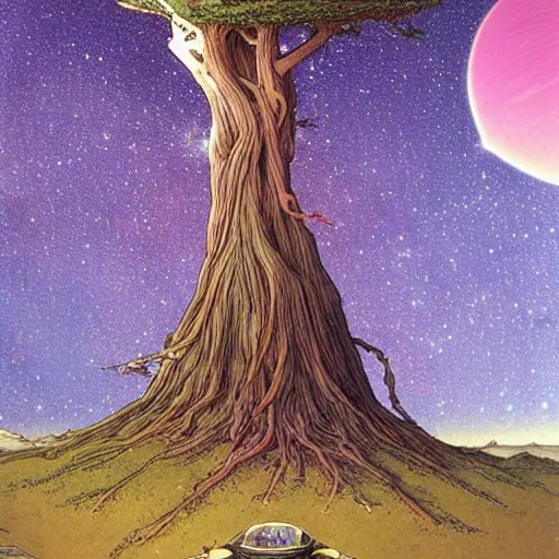 Image similar to a large tree hovering in space, rooted in a galactic crystal, by moebius