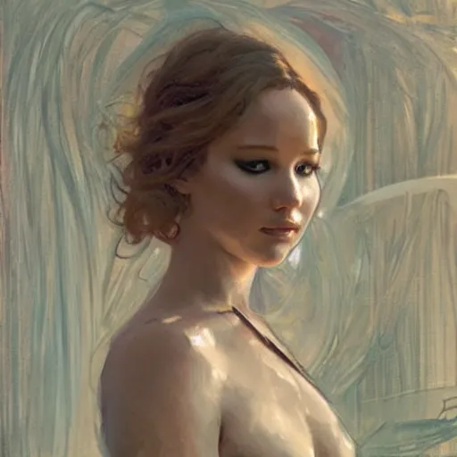 Prompt: jennifer lawrence, intricate, elegant, highly detailed, greg manchess, mucha, liepke, ruan jia, jeffrey catherine jones, ridley scott