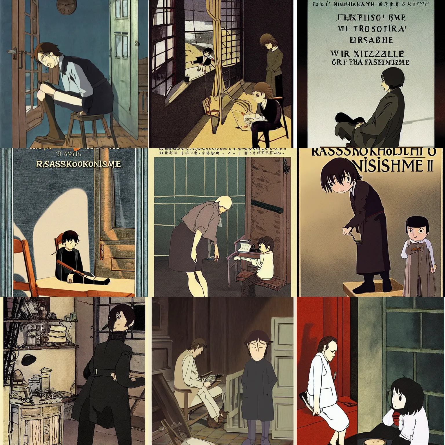 Prompt: raskolnikov in a studio ghibli version of crime and punishment, poster