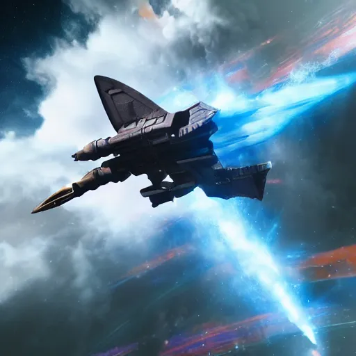 Image similar to octane render, a futuristic space fighter modeled after a spitfire plane, flying through colorful clouds of smoke inside an intense space battle, featured on cgsociety, dramatic lighting, cinema 4 d, ray traced lighting, photorealistic, ultra - detailed, f 1. 3