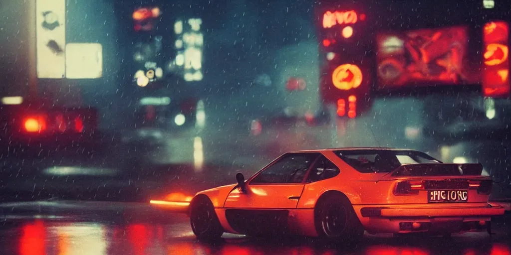 Image similar to a single bmw m 1, speeding down tokyo highway in the rain, night time, neon lights, thunderstorm, movie still from the film bladerunner