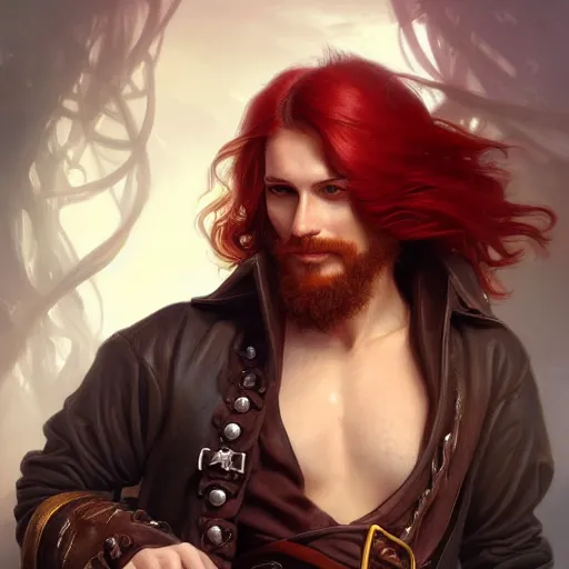 Image similar to portrait of a young pirate captain, male, masculine, handsome, upper body, red hair, long hair, D&D, fantasy, intricate, elegant, highly detailed, digital painting, artstation, concept art, sensual, matte, sharp focus, illustration, art by Artgerm and Greg Rutkowski and Alphonse Mucha