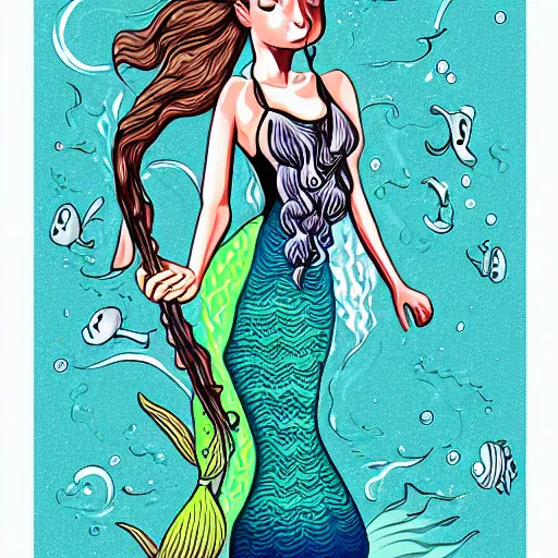 Image similar to illustration of a mermaid playing an stratocaster electric guitar, under the sea, limited colours, poster