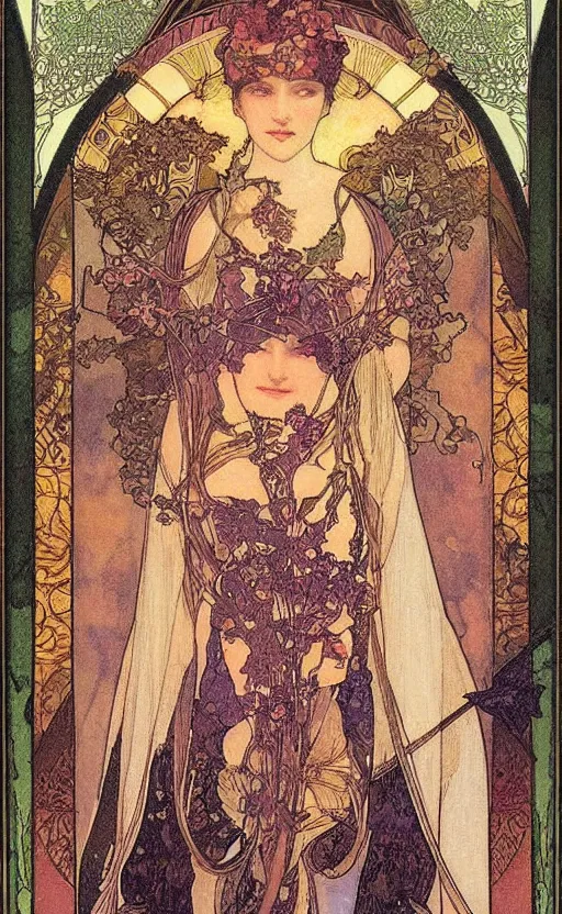 Image similar to the empress, tarot, beautiful border, by alfons maria mucha, highly detailded