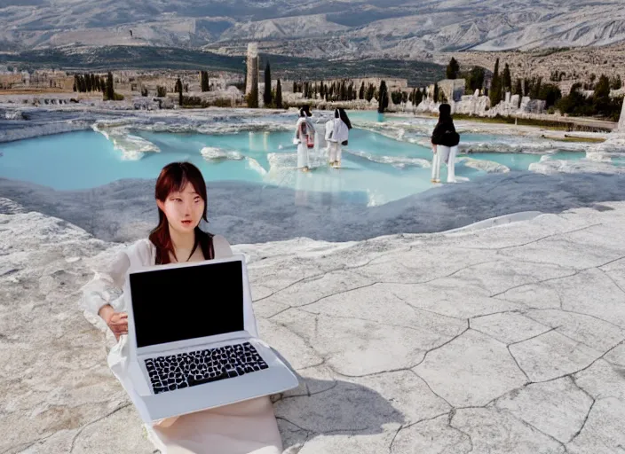 Image similar to Lee Jin-Eun hacking a laptop at Pamukkale by WLOP, rule of thirds, seductive look, beautiful, masterpiece, Refined