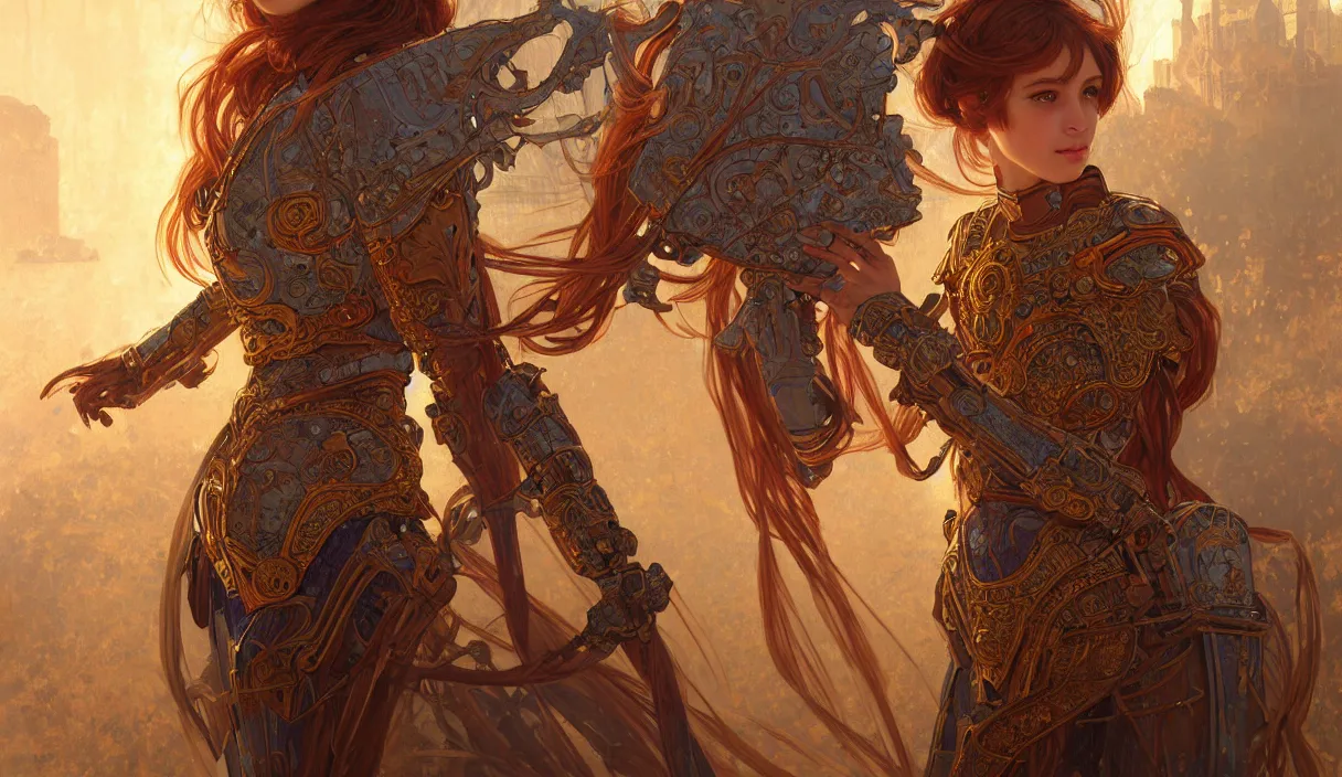 Image similar to portrait light brown hair knights of zodiac girl, metalic orange and dark blue reflected armor, in ruined agora of athens, ssci - fi, fantasy, intricate, very very beautiful, elegant, golden light, highly detailed, digital painting, artstation, concept art, smooth, sharp focus, illustration, art by tian zi and wlop and alphonse mucha