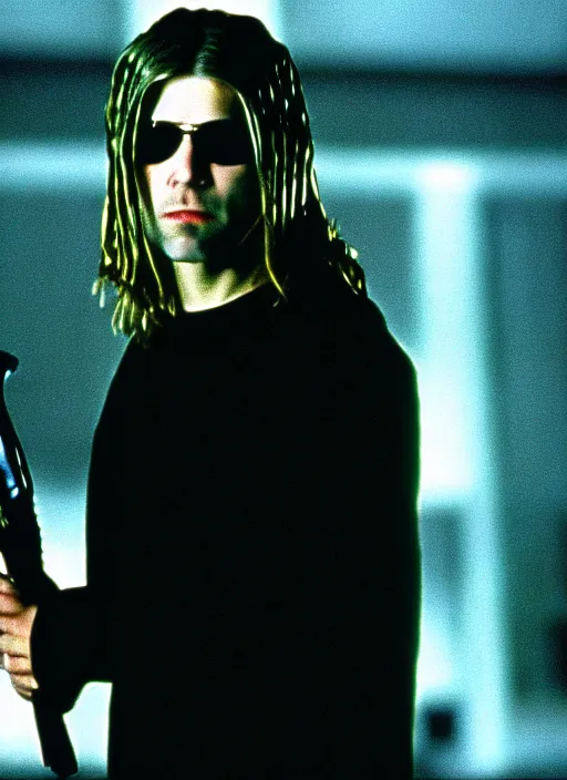 Prompt: film still of kurt cobain as neo in the movie the matrix, full-shot, 4k