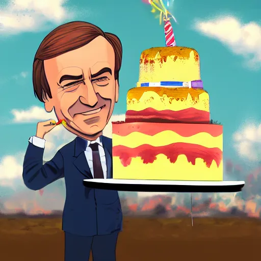 Image similar to saul goodman, smiling, holding a birthday cake, anime art, trending on artstation