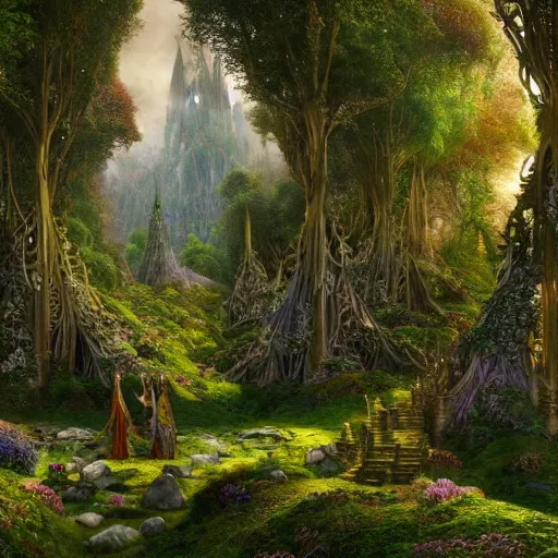 Image similar to a beautiful and highly detailed matte painting of a beautiful elven palace in a magical fantasy forest, psychedelic trees and plants and flowers, celtic vegetation, epic scale, insanely complex, hyperdetailed, sharp focus, hyperrealism, artstation, cgsociety, 8 k, bright colors, by caspar friedrich, albert bierstadt, james gurney, brian froud,