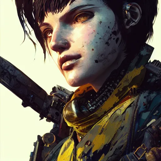 Prompt: highly detailed portrait of a post-cyberpunk young lady by Akihiko Yoshida, Greg Tocchini, 4k resolution, mad max inspired, yellow, black, brown and cyan color scheme