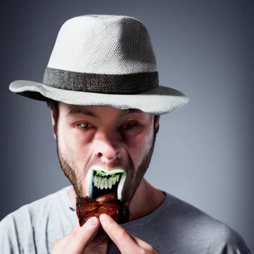 Image similar to stock photo of man eating own hat, funny, professional photography, high definition, 8k resolution