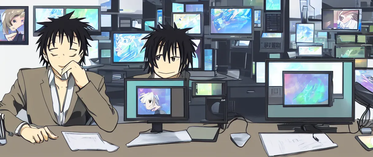 Image similar to anime drawing, a man at a desk with ten different computer monitors, his face flat on the keyboard, sound asleep