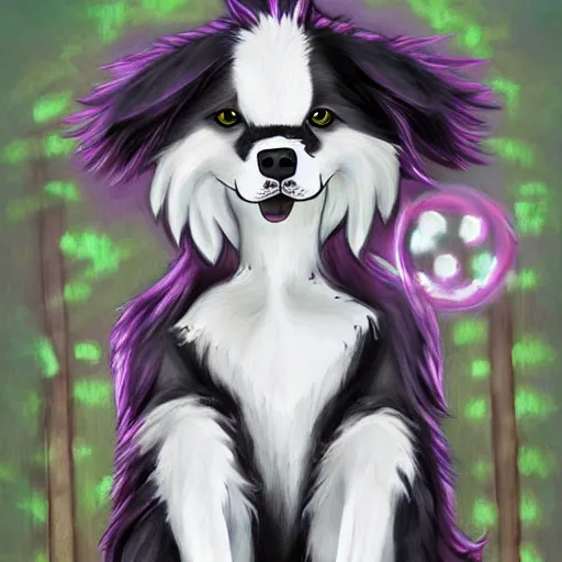 Prompt: furry ( fandom ) art of a cute anthropomorphic border collie wearing gothic attire, digital art, painting, trending on furaffinity