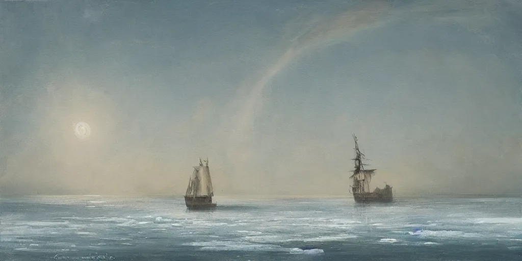 Prompt: “ a single 1 8 0 0 s sail ship stuck in solid white ice, frozen sea, overcast, sun dog, windswept and irregular ice, oil painting ”