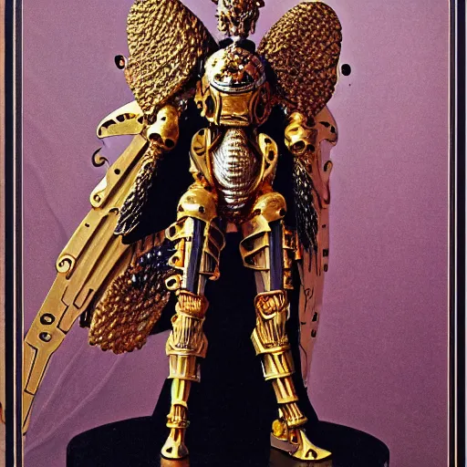 Image similar to haute couture scale armour sf paladin editorial by klimt, biomechanical hornet with metal couture wings by malczewski, ornate wh 4 0 k chaos lord in gold, bismuth and obsidian by giger, on bloody cosmic battleground by alphonse mucha