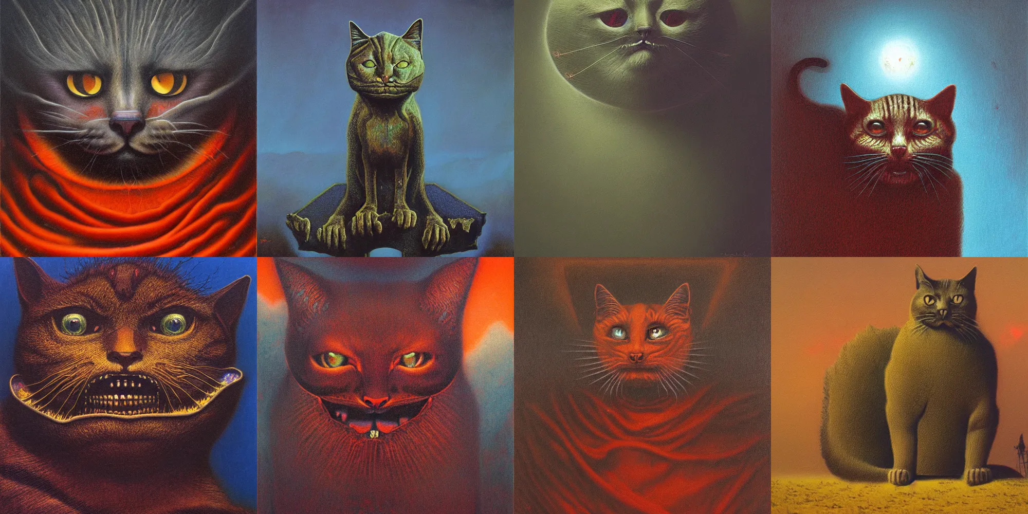 Image similar to grinning evil cat, HD, award winning, in style of beksinski, film grain, medium format, 8k resolution, oil on canvas