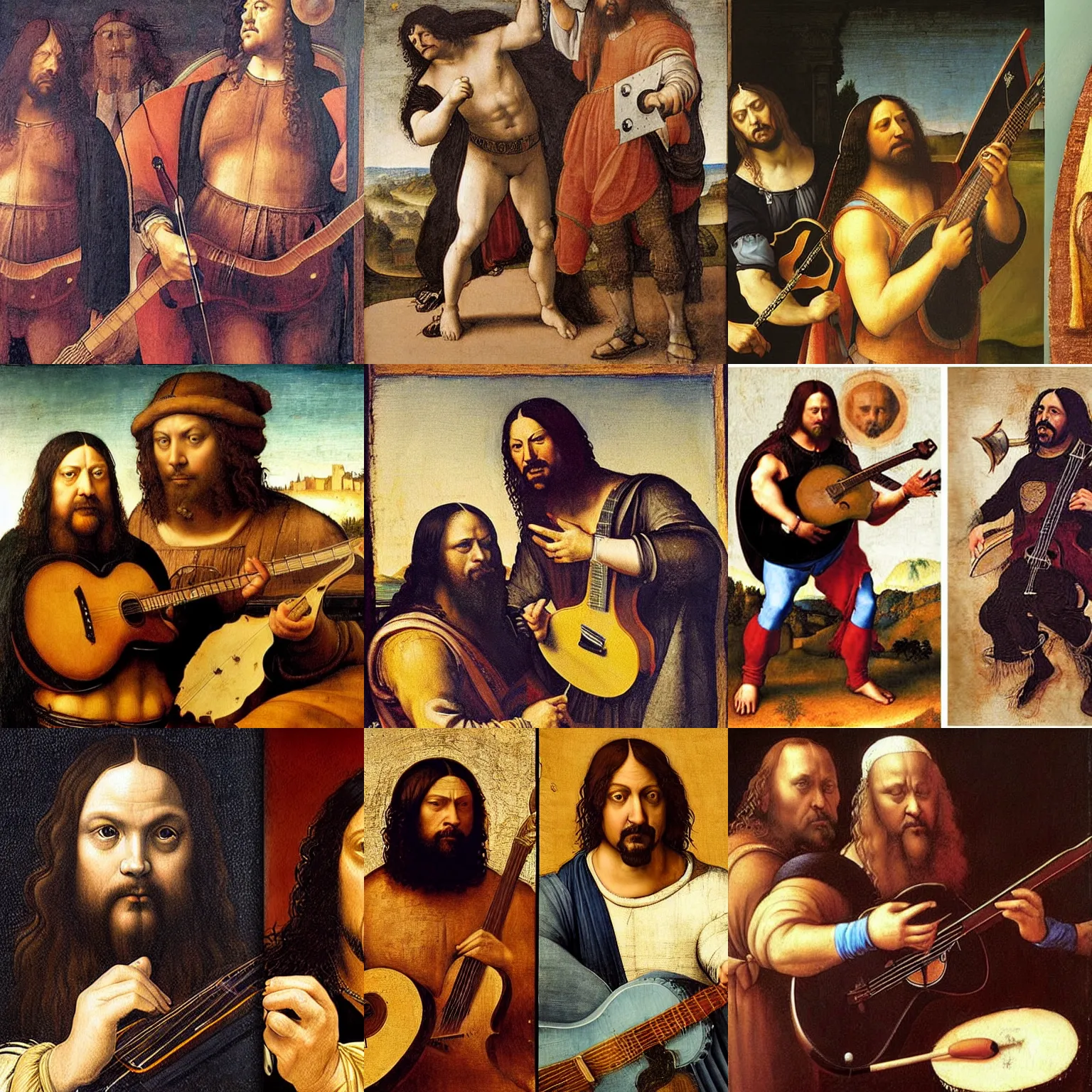 Prompt: Leonardo Da Vinci painting of Jack Black and Dave Grohl attempting to play heavy metal, renaissance art style