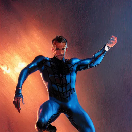 Image similar to ryan reynolds as a black and blue suit spider - man, cinematic, volumetric lighting, f 8 aperture, cinematic eastman 5 3 8 4 film, photorealistic by greg rutkowski, by stanley artgerm, by alphonse mucha