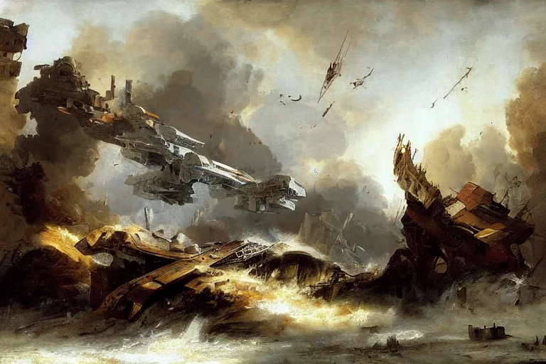 Image similar to starship painting spaceship crashed by hubert robert detailed