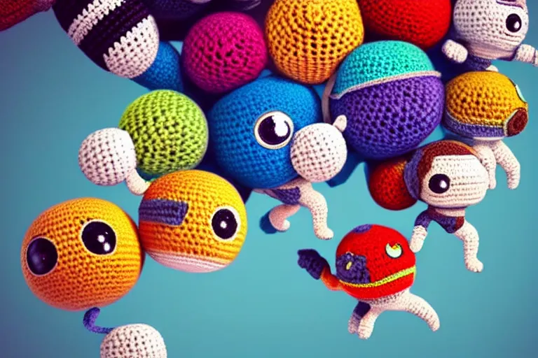 Prompt: an expedition of crochet cute astronauts climbing a yarn wall. cute, illustration, digital art, inspired by little big planet, by greg rutkowski, detailed, sharp, masterpiece, highly detailed, photorealistic, octane render, 8 k, unreal engine 5, trending on artstation, vivid colors, cinematic, close up