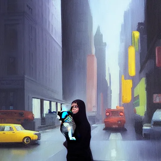 Prompt: “ a girl holding a cat in futuristic new york city, ghostpunk, heavy rain, high detail, oil painting, by edward hopper ”