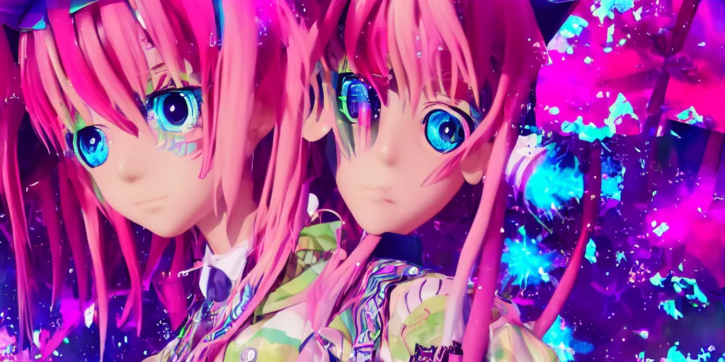 Image similar to 3 d anime decora gyaru kawaii fashion model, v tuber, darling in the frank, asuka, anime best girl, with glitch and scribble effects, psychedelic colors, 3 d render octane, by wlop, wenjr, beeple, artstation, imaginefx