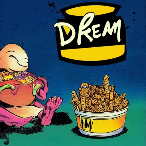 Image similar to dream of the endless asking for a happy meal at mcdonalds comic book sam kieth