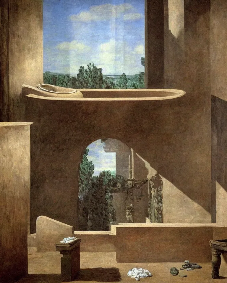 Prompt: achingly beautiful painting of solitary ancient roman bathtub by rene magritte, monet, and turner. piranesi.