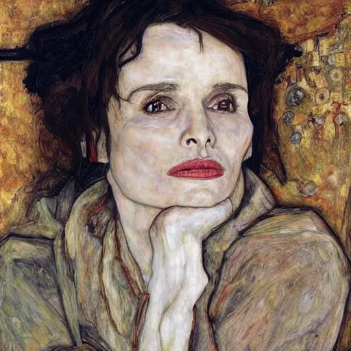 Image similar to Juliette Binoche in a bahay kubo, portrait, oil on canvas, by Egon Schiele