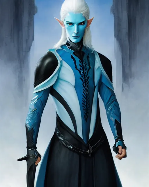 Image similar to character portrait of a slender young half elven man with white hair, piercing turquoise blue eyes, and pale blue skin, wearing sleek black armor, by greg rutkowski and mark brookes and jim burns and tom bagshaw and magali villeneuve, trending on artstation